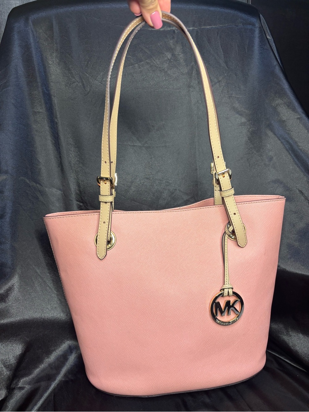 Michael Kors Pink Tote with Beige Straps and MK Charm